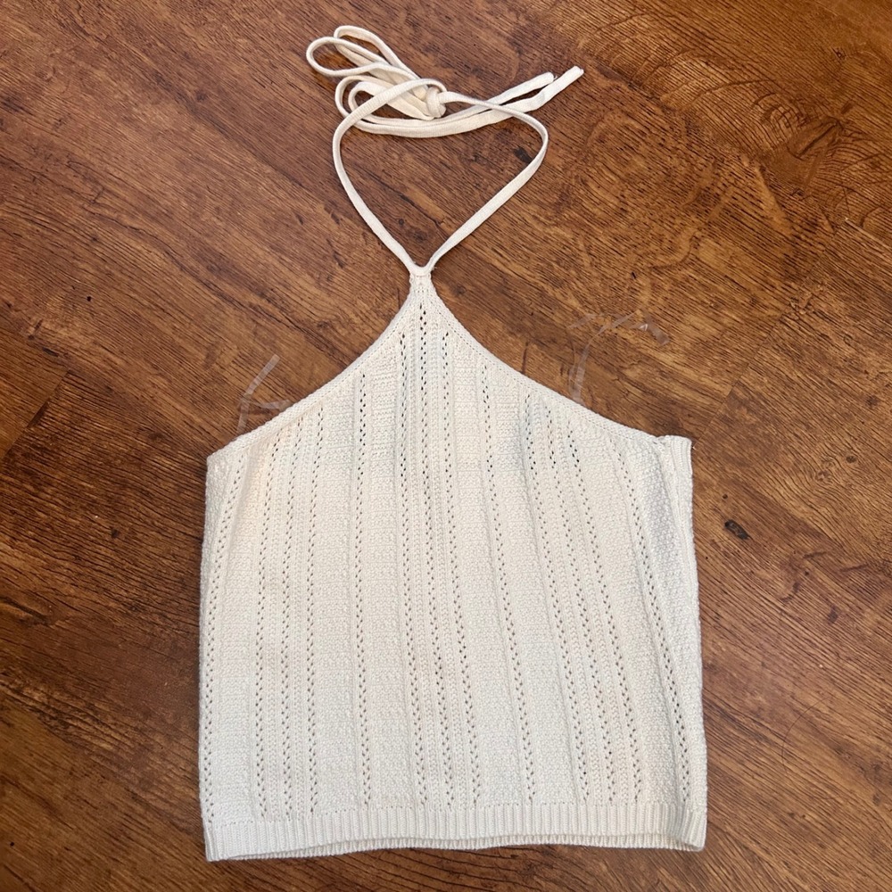 NWT Y2K Crochet Cropped Halter Top Ivory Boho Coastal Knit S/M by Becool